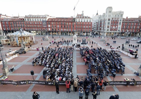 Imagen de los participantes en la melé en la Plaza Mayor de Valladolid.