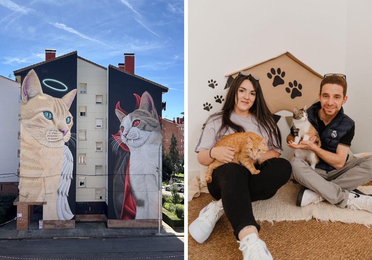 Mural 'Santín y Draculina' en Guardo y su autor, Manuel García, junto a Sandra y sus gatos.