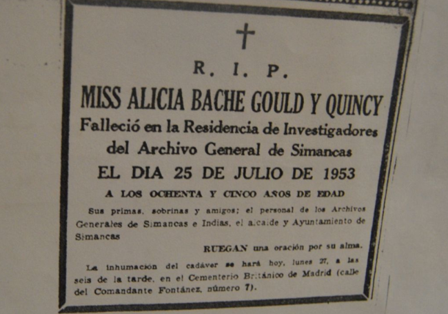 Esquela de Alice Bache Gould y Quincy.