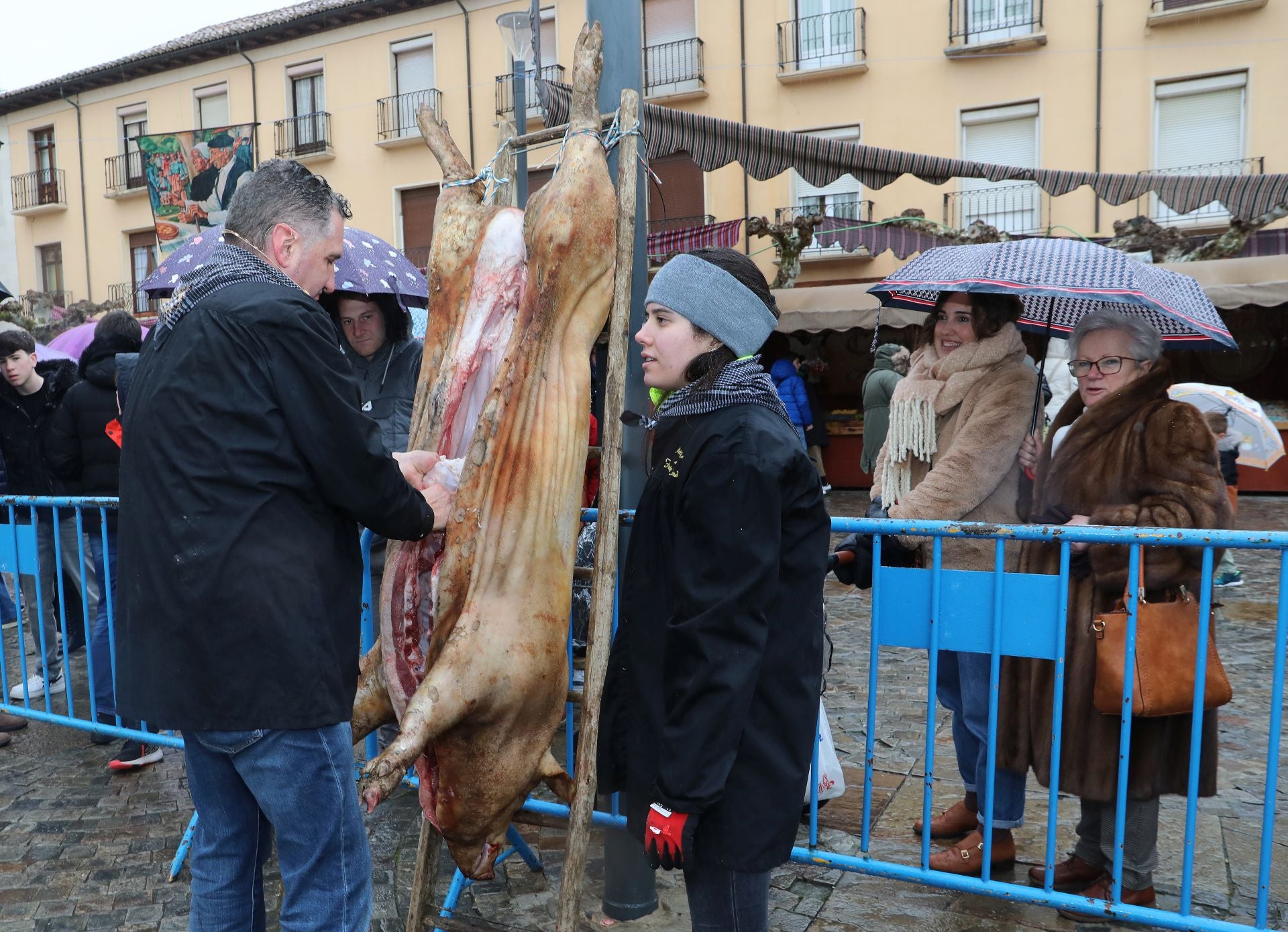Una clase de labores del despiece del cerdo en la Plaza Mayor