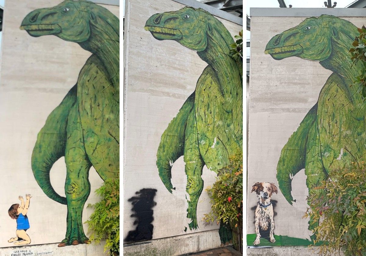 Del niño al tachón y la perrita Mila, junto al dinosaurio del aparcamiento de Portugalete.