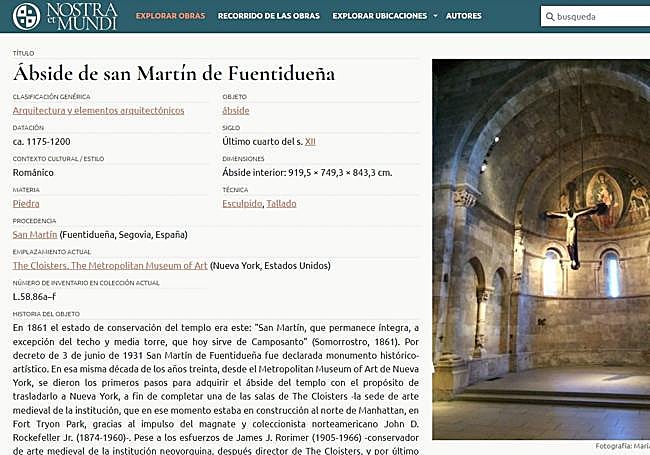 Ficha del ábside de San Martín de Fuentidueña, con la foto de su ubicación actual y el relato de su periplo 'vital'.