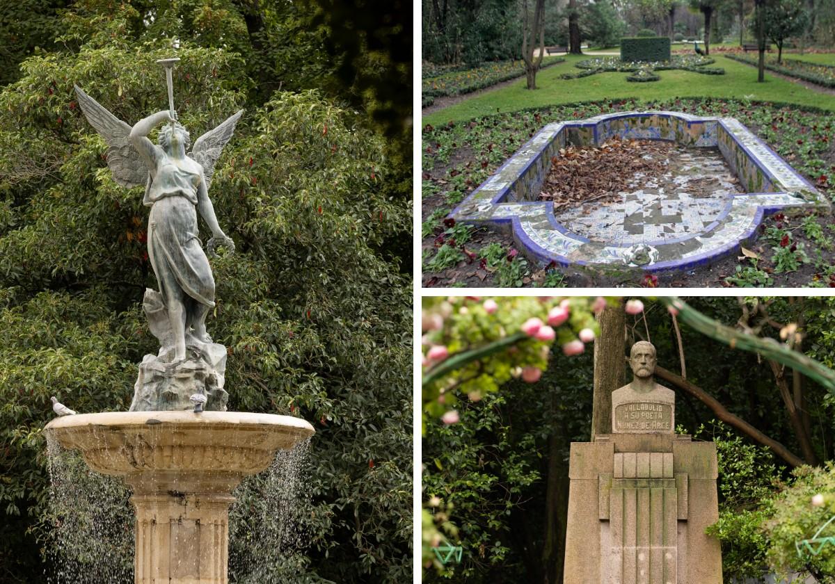 Fuente de la Fama, estanque de las ranas y escultura-fuente de Núñez de Arce.