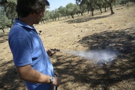 Un agricultor rocía el suelo con un producto fitosanitario