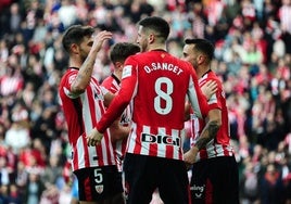 Los jugadores del Real Valladolid celebran un gol en la victora por 3-0 de hace dos jornadas en San Mamés frente al Girona
