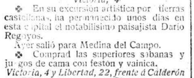 Imagen principal - Párrafo de El Norte del 19 de junio de 1909. Dibujos del padre del pintor, el arquitecto vallisoletano Darío Regoyos Molinillo, y retrato del artista.