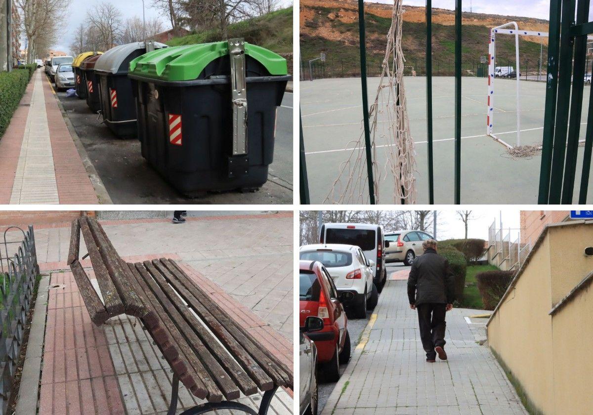 Contenedores 'imposibles' para los mayores en la carretera de Villacastín, desperfectos en la cancha, banco roto y la pendiente de la calle Buenavista son algunos de problemas del barrio.