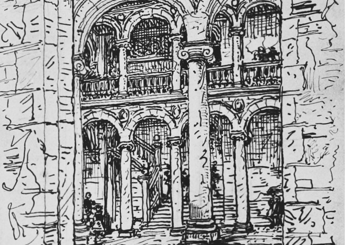 Imagen secundaria 1 - Arriba, detalle heráldico del patio de San Gregorio. Abajo, dibujo de la Casa del Infantado, hoy Palacio de Villena, y retrato del arquitecto inglés.