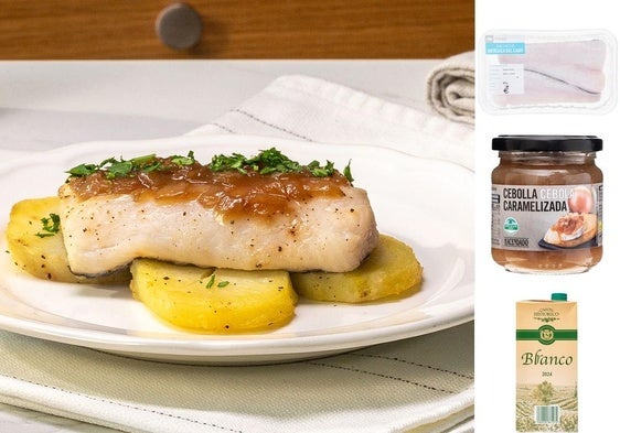 Merluza con patatas y cebolla caramelizada.