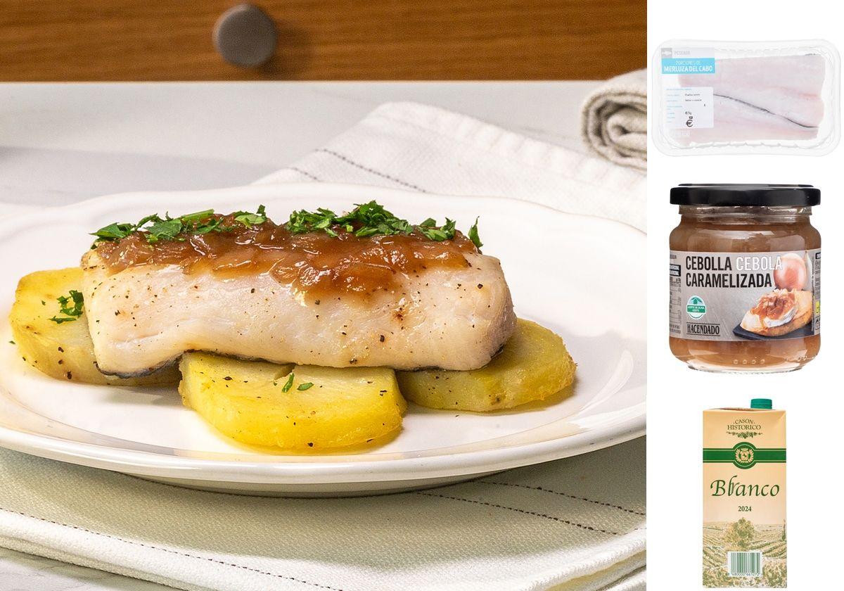 Merluza con patatas y cebolla caramelizada
