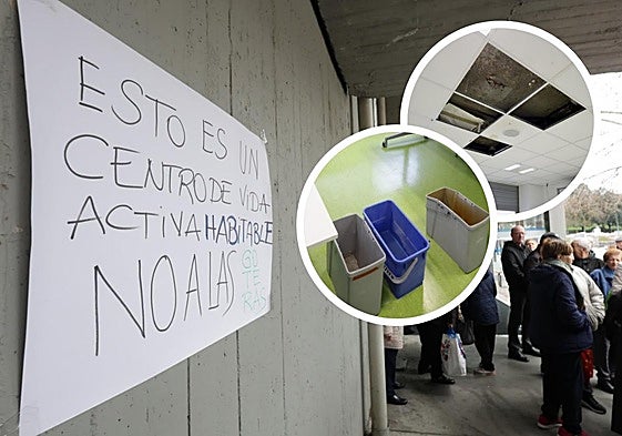 Un cartel de las protestas de los usuarios y, en detalle, cubos para las goteras y plaquetas caídas del techo.