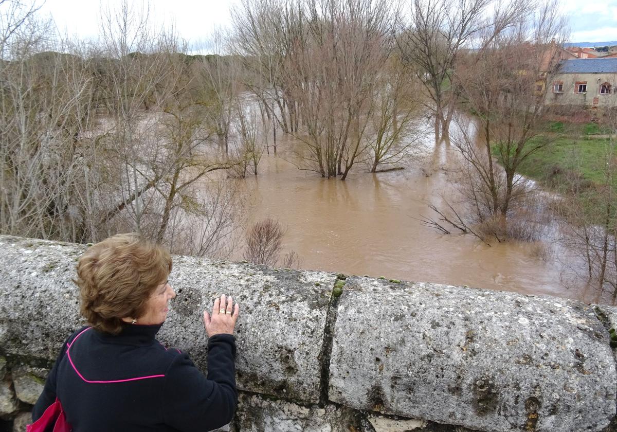 Una vecina observa la situación del Duero, desbordado en sus márgenes, desde el barrio de Puente Duero.