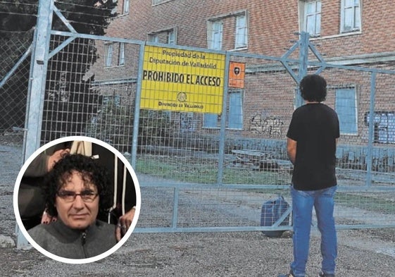 Ángel Campos, delante de la valla del ahora abandonado colegio Juan de Austria. En el círculo, Campos durante la presentación de la película.
