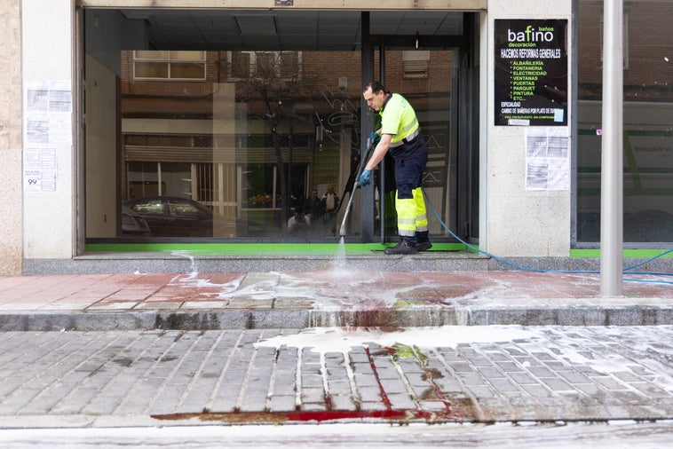 Personal de limpieza del Ayuntamiento, en la calle Arca Real, en el punto donde se ha producido el ataque.