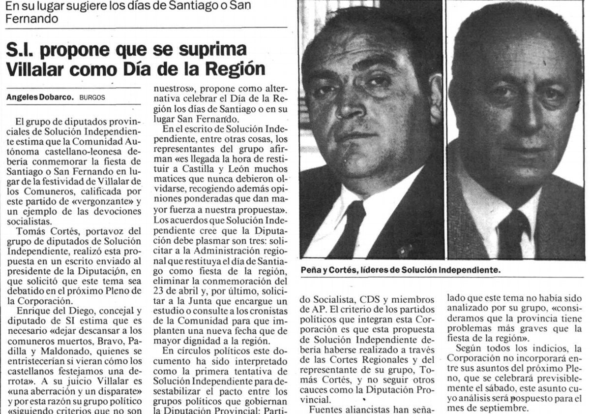 Imagen principal - Arriba, noticia publicada en El Norte de Castilla, el 2 de septiembre de 1987, sobre la propuesta de Solución Independiente. Abajo, Fernando III y Julián Lanzarote, quien, como alcalde de Salamanca, propuso su festividad como alternativa a la de Villalar.