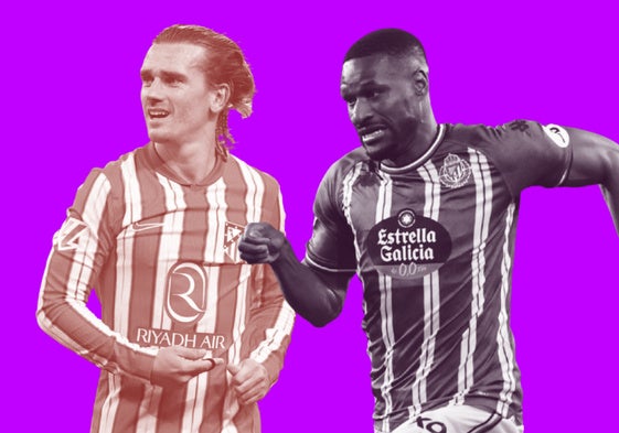 El rojiblanco Pablo Barrios, rodeado por Cömert, Kike Pérez y Luis Pérez, en el Real Valladolid-Atlético de Madrid de la primera vuelta
