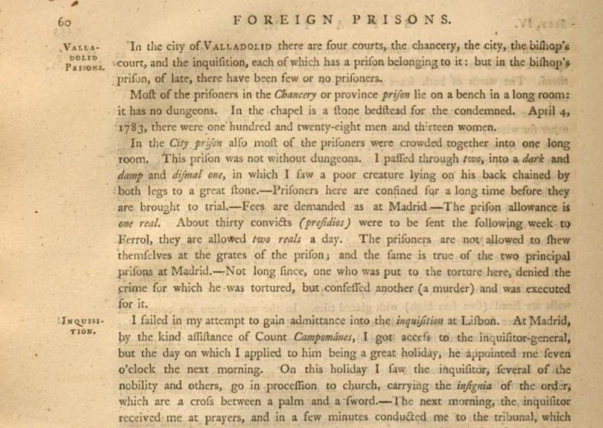 Imagen secundaria 1 - Arriba, extracto del plano de Ventura Seco, de 1738, que muestra la calle de San Lorenzo, donde estaba la prisión de la ciudad. Abajo, página dedicada a Valladolid en el libro de John Howard, y su retrato.