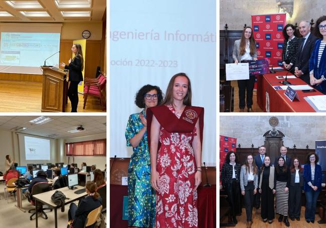 Foto1.- Marta Fernández durante su intervención en CASEIB (Congreso Anual de la Sociedad Española de Ingeniería Biomédica), en 2022. Foto 2.- La joven durante una charla del Stem Talet Girl. Foto 3.- En su graduación del Máster y recepción del premio Extraordinario Fin de Máster. Fotos 4 y 5.- Recibiendo el premio TalenTIC.