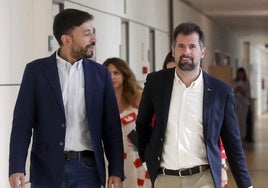 El senador por Castilla y León, Fran Díaz, camina junto al secretario general del PSOE en Castilla y León, Luis Tudanca.
