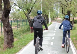 Dos jóvenes ciclistas utilizan el nuevo tramo del carril bici de Parquesol.