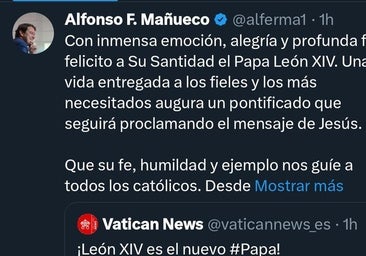 Mañueco felicita al nuevo Papa León XIV con «inmensa emoción, alegría y profunda fe»