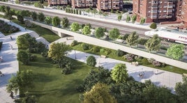 Infografía de la integración ferroviaria en la zona de Argales, una vez desalojadas las instalaciones de Redalsa.