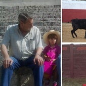 Diego Ortega con su abuelo en una plaza de toros. A la derecha, en un tentadero preparando la temporada.