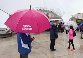 Algunos de los pocos andarines que han acudido al punto de salida de la 48ª Marcha Asprona esta mañana, la Cúpula del Milenio.