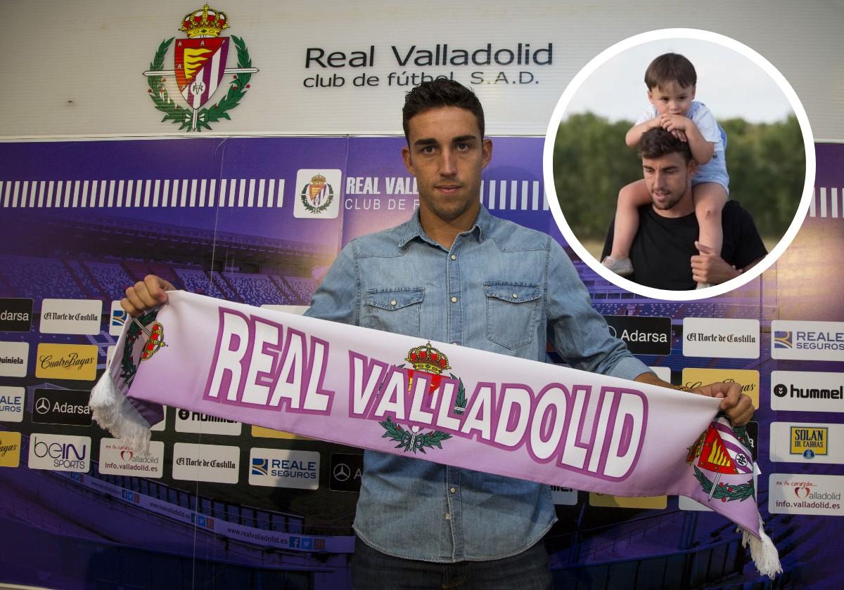 Jaime Mata despliega una bufanda blanquivioleta el día de su presentación, julio de 2016; en detalle, junto a su hijo, nacido en Valladolid.