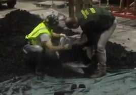 Agentes abriendo la saca de carbón vegetal que importó Mirantes.