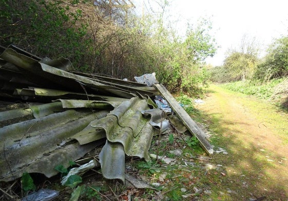 Restos de uralitas abandonadas en el camino que discurre en paralelo a la avenida de Gijón.