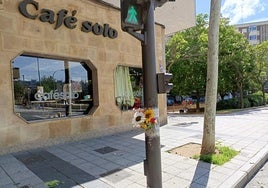 Semáforo en el lugar del atropello con flores en recuerdo de la mujer fallecida.