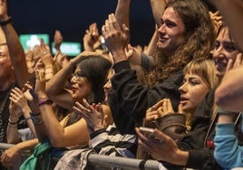 Las personas ubicadas en primera fila disfrutan de un concierto en una imagen de archivo.