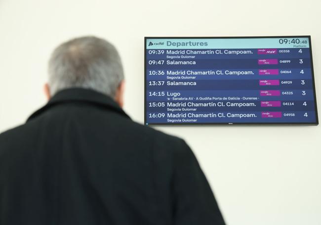 Un viajero contempla este semana la pantalla con horarios de salida de trenes Ave en la estación de Medina del Campo.