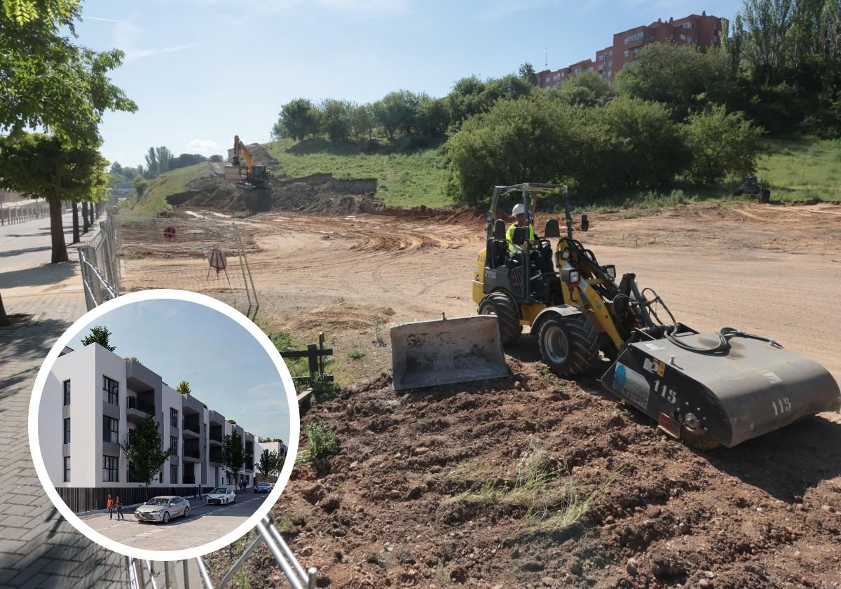 Trabajos de desmonte en la ladera norte de Parquesol. En el círculo, la futura promoción de viviendas de la Junta.