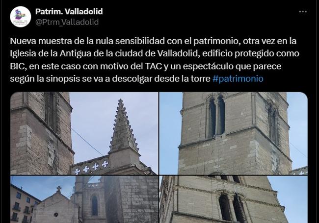 Imagen del tuit escrito por Patrimonio Valladolid a las 12:25 del miércoles.