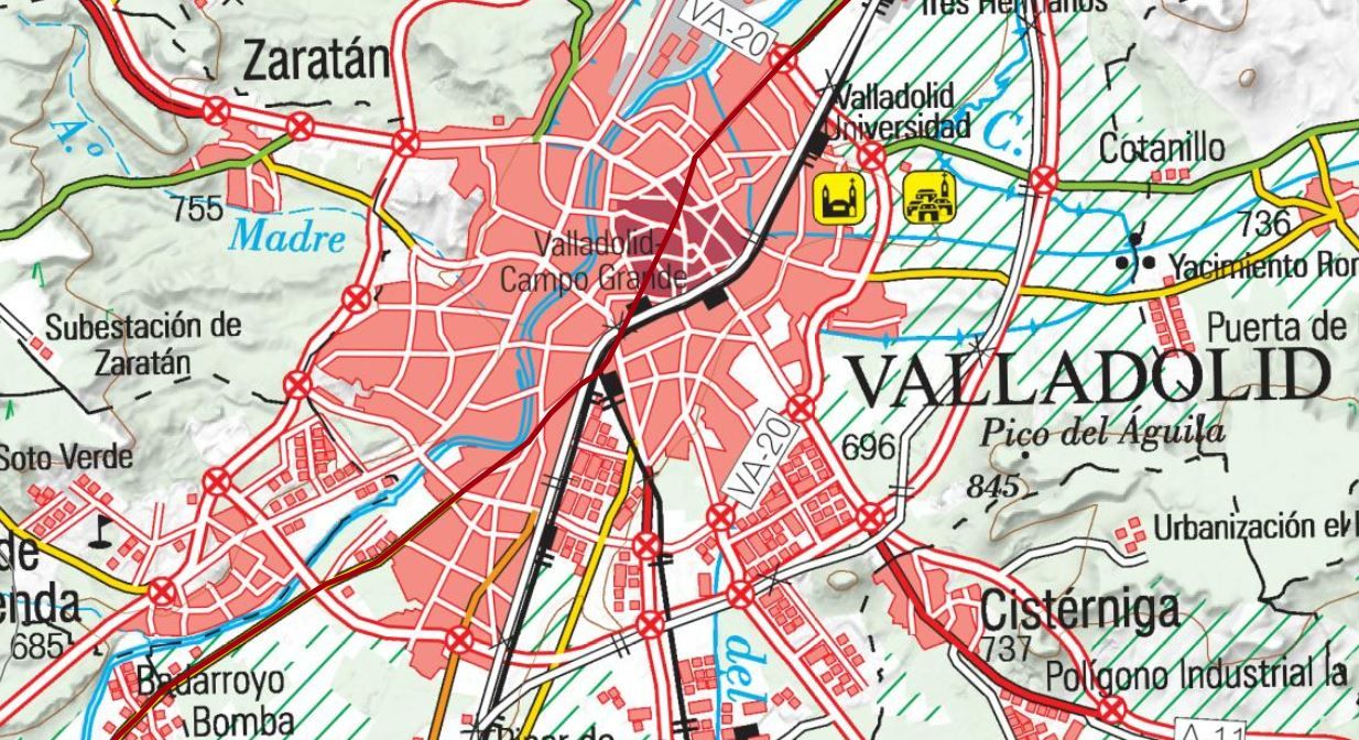 En rojo, la calzada romana Sasamón-Villalazán, a su paso por Valladolid.