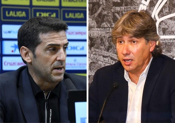 Juanjo Lorenzo, en una comparecencia con el Cádiz en 2024 y Alfonso Serrano, en Albacete en 2023