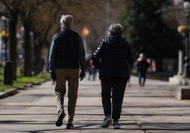 Una pareja de jubilados pasea por la calle.