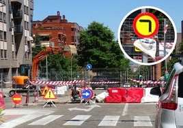 El islote por las obras de la red de calor que corta ahora el carril izquierdo de Hernando de Acuña y detalle de la señal que prohíbe el giro desde Ciudad de la Habana hacia Hernando de Acuña.