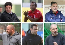 Paco Maroto, Santi Sedano, Luis Bertó, Abraham García, Manu González y Ramsés Gil, los últimos entrenadores de la Segoviana.