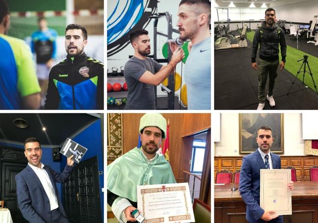 Foto 1.- En 2025 trabajó como preparador físico en el Balonmano Atlético Valladolid. foto 2.- En 2016 puso en marcha su proyecto de emprendimiento Proporción A. Foto 3.- En 2018, en su primer día en Edith Cowan University. Foto 4.- En 2019, tras la defensa de su tesis doctoral. Foto 5.- Recibiendo el Premio Extraordinario de doctorado. Foto 6.- En 2024, recibiendo el Premio Nacional de Investigación en Medicina del Deporte.
