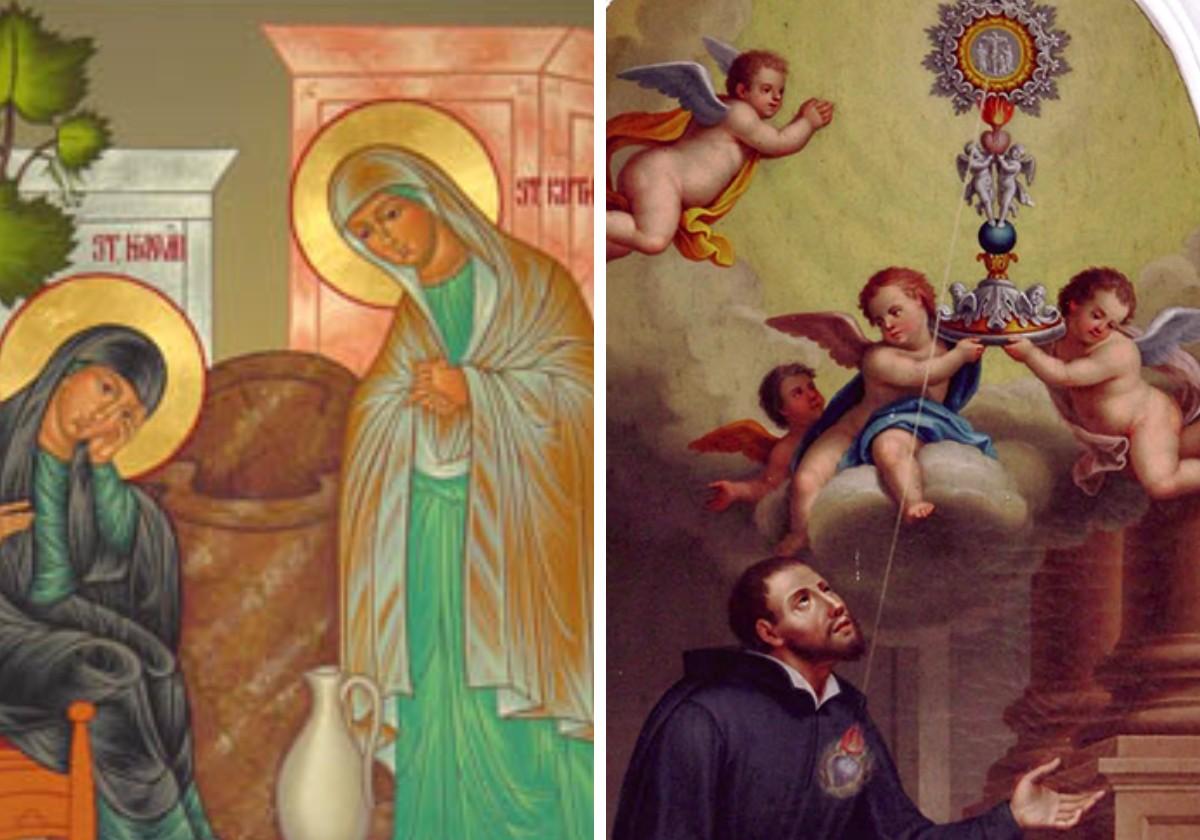 Representaciones de las santas Noemí y Rut (izq.) y San Francisco Caracciolo (derecha)