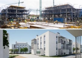 Arriba, las obras en plena ejecución. Sobre estas líneas, infografías de cómo quedará la promoción de la Junta.