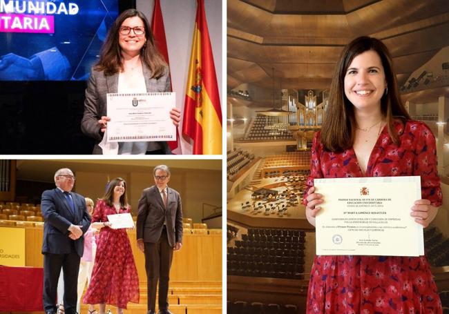 Foto 1.- Marta Giménez Recibiendo el Premio Extraordinario Fin de Máster en Dirección Económico-Financiera de UDIMA. 2.- Recibiendo el Premio Nacional Fin de Carrera del Grado en ADE, junto con el Ministro de Universidades, Joan Subirats y el Secretario General de Universidades. Foto 3.- En la entrega del Premio Nacional Fin de Carrera de Educación Universitaria del Grado en ADE