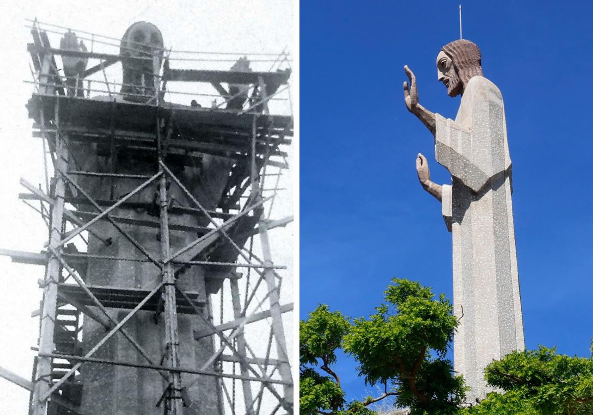 Imagen del Cristo del Otero en construcción del libro 'Victorio Macho. Vida, arte y obra' e aspecto actual de la escultura.