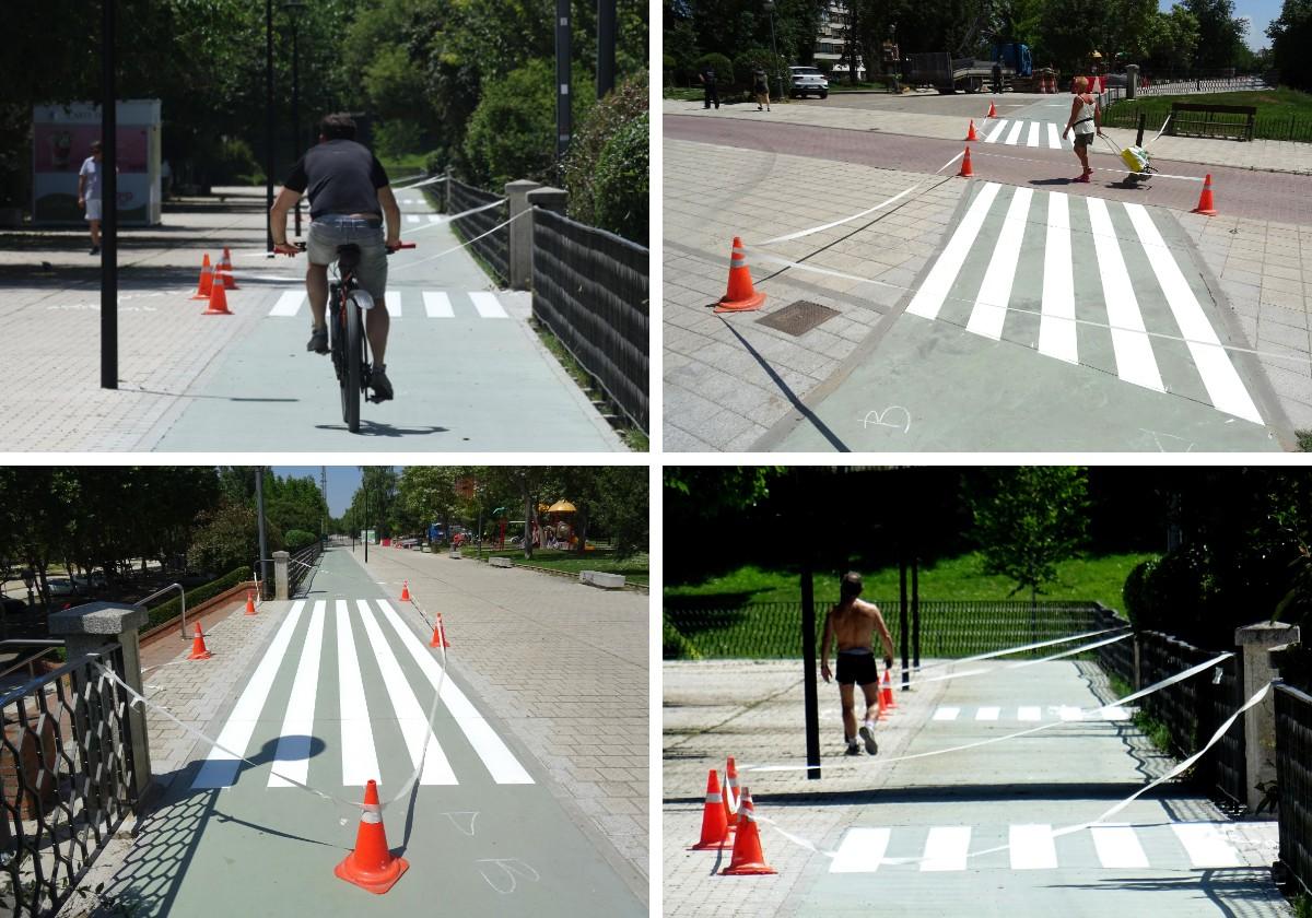 Distintos modelos de pasos de cebra pintados sobre el nuevo carril bici en el tramo inicial entre los puentes Mayor y de Poniente.