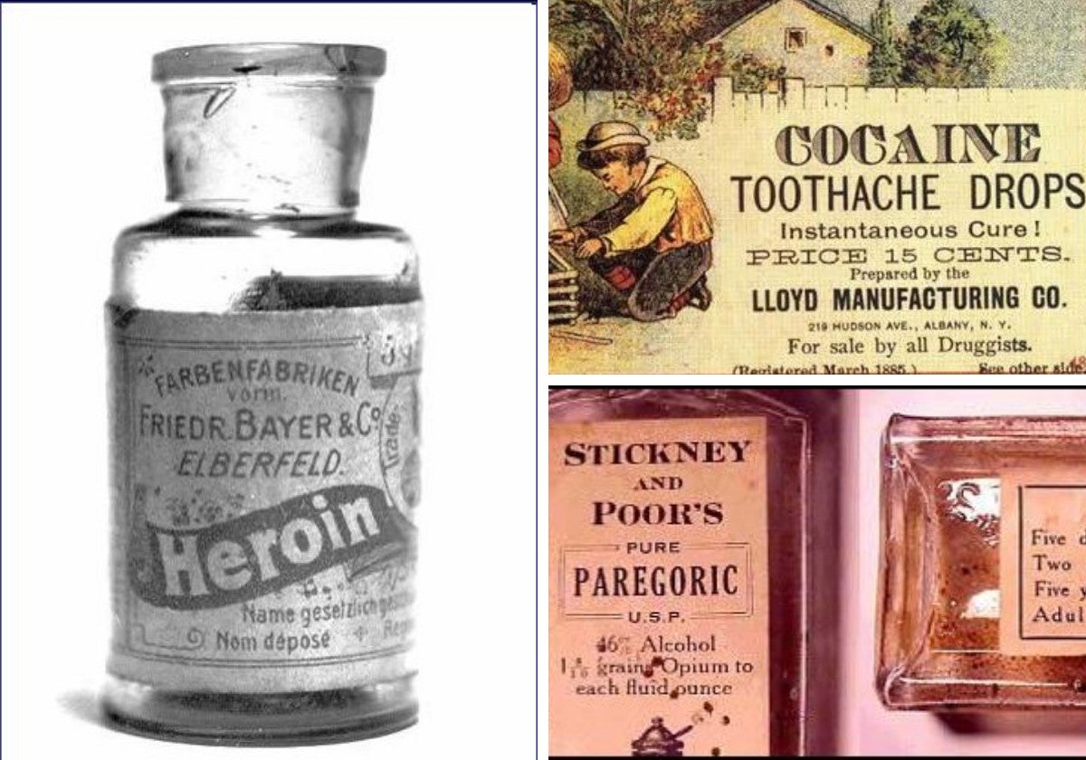 Curiosidades históricas: frasco de heroína como fármaco de Bayer, anuncio de un medicamento infantil con cocaína y otra presentación con opio para administración pediátrica.