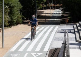 Un ciclista circula por encima de un paso de cebra del carril bici y, al fondo, otro acceso para peatones.