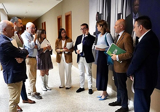 Miembros de la Cortes esperan, junto con la directora general de la Junta, para entrar en la Junta de Portavoces.